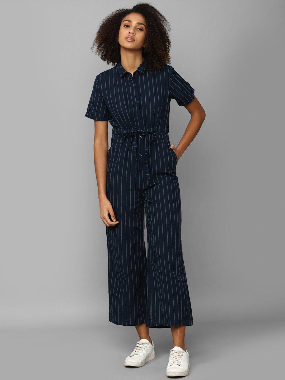 allen solly woman striped shirt collar waist tie-ups basic jumpsuit