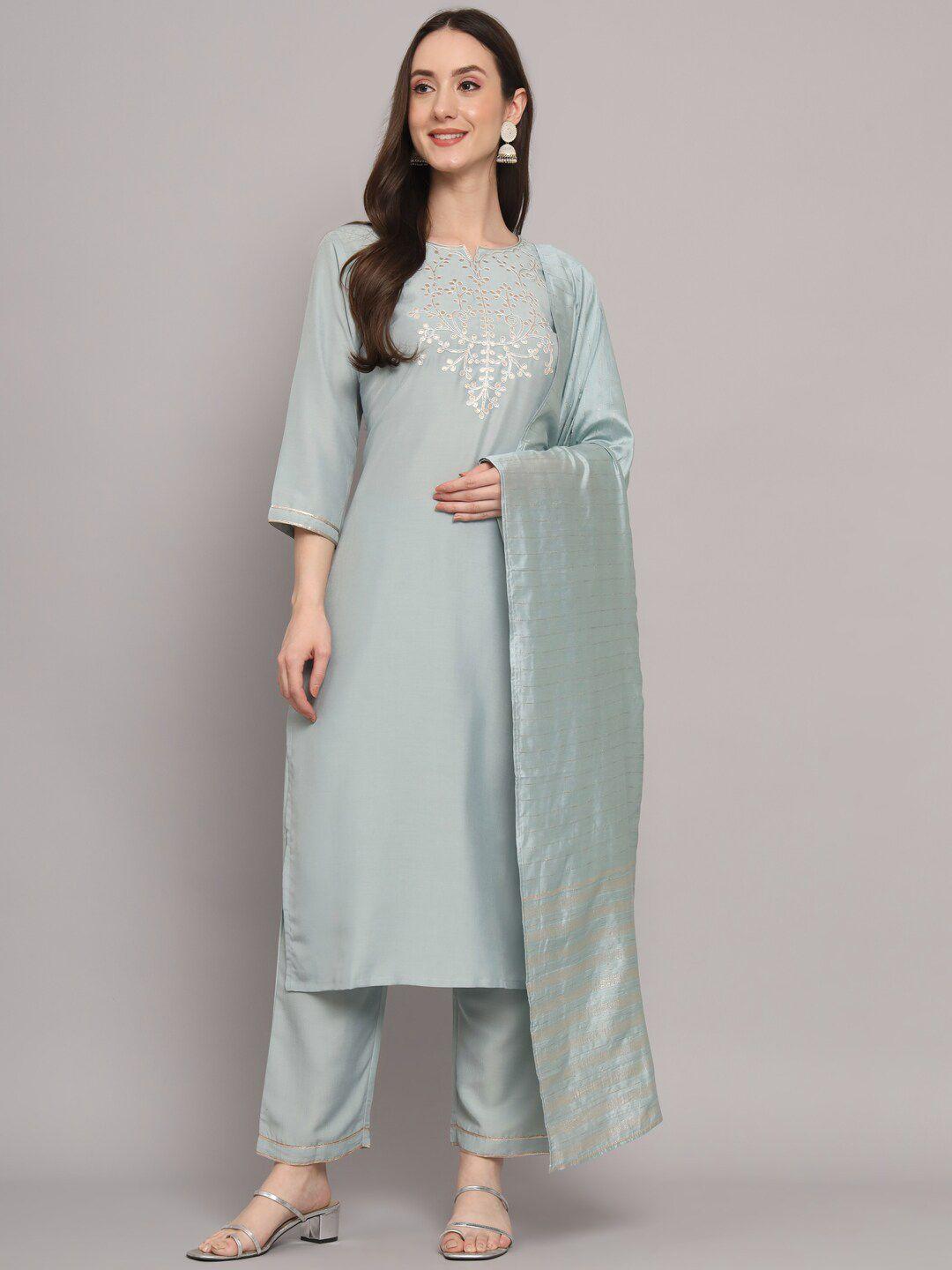 myshka floral yoke design pure silk kurta with trousers & dupatta