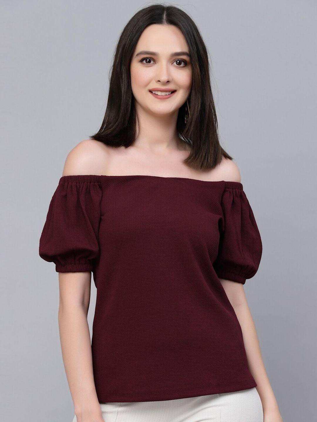 style quotient maroon off-shoulder puff sleeve regular top