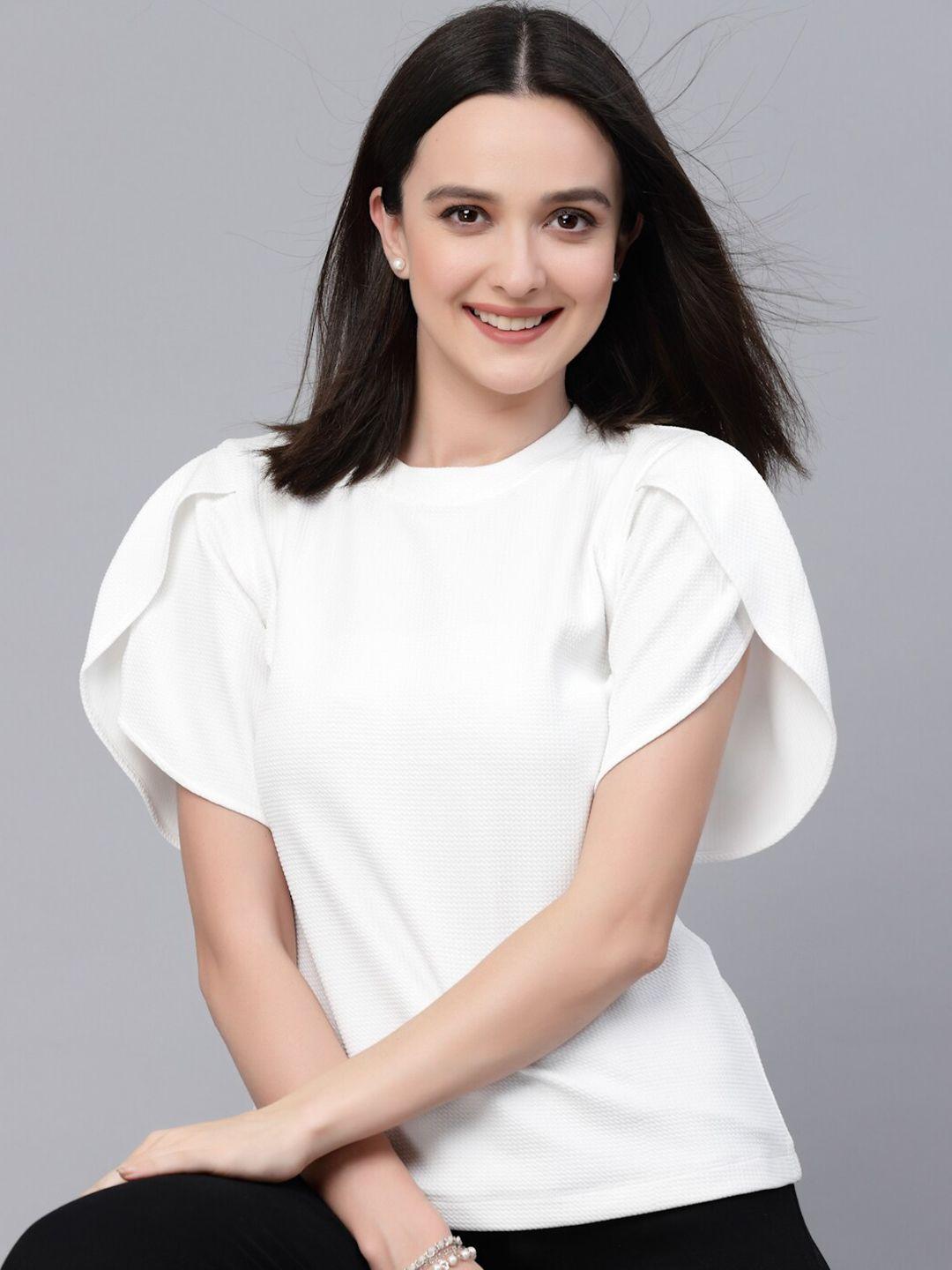 style quotient white round neck tulip sleeves regular top