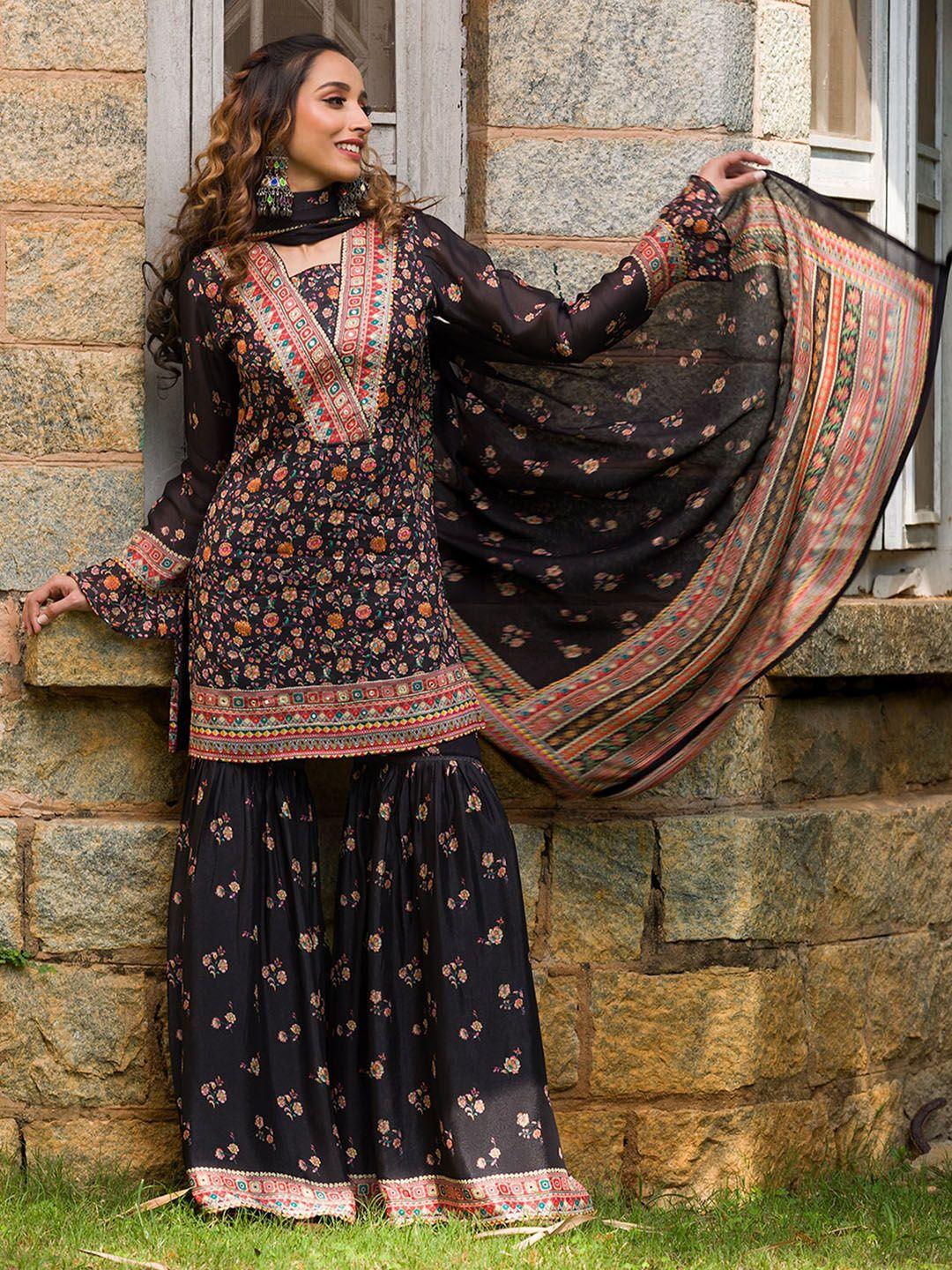 koskii floral printed bell sleeves kurta with sharara & dupatta