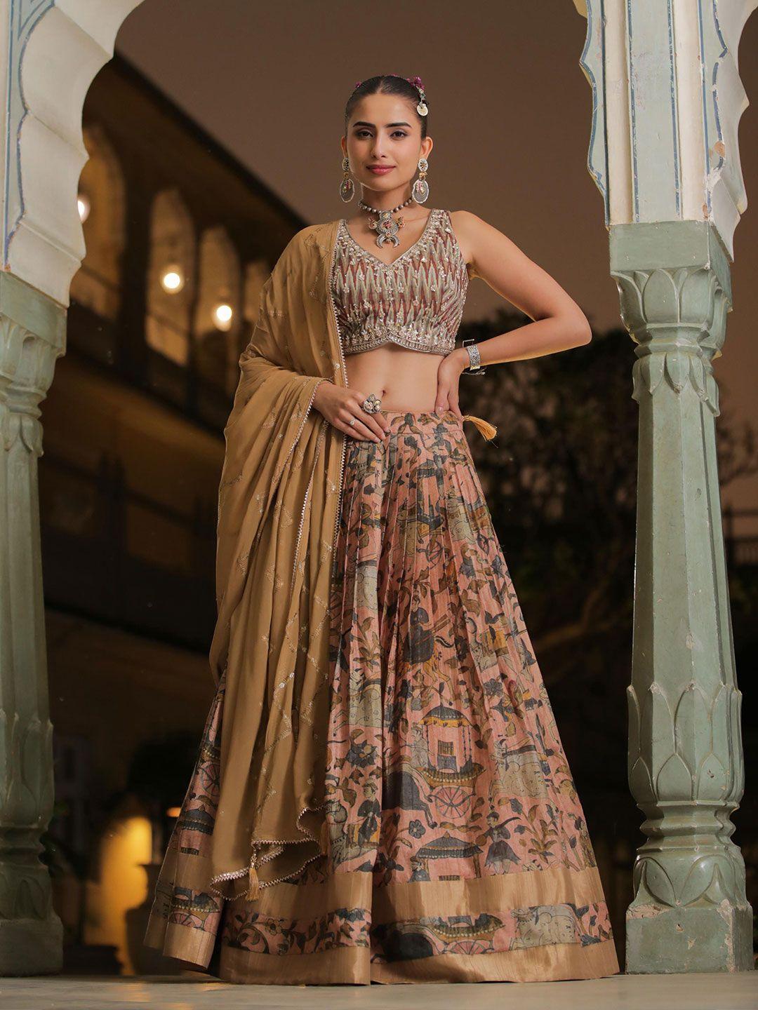 scakhi green & white embellished beads and stones kalamkari ready to wear lehenga & blouse with dupatta