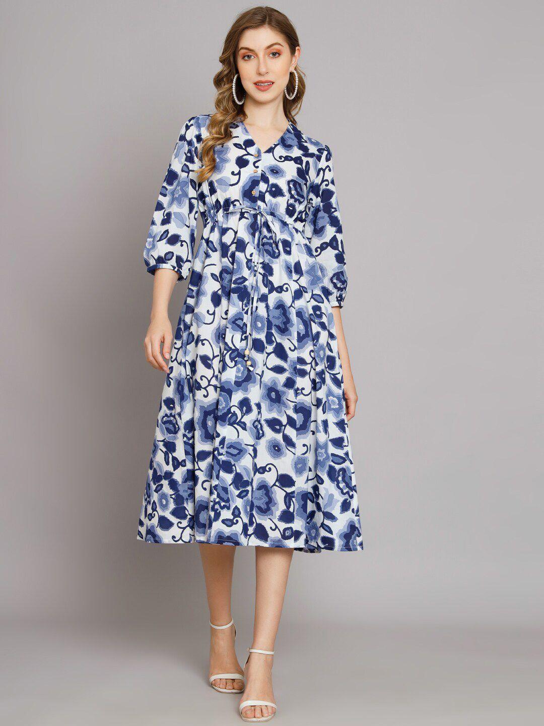 deckedup floral print v-neck cotton a-line midi dress