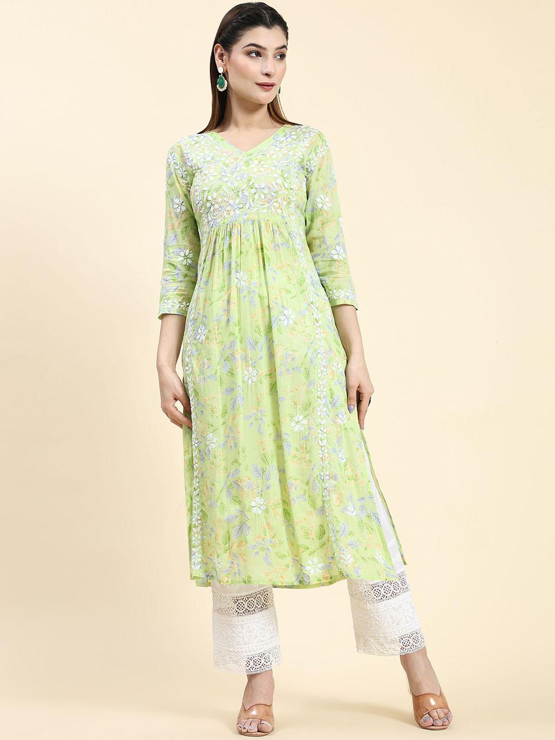 house of kari floral embroidered chikankari a-line kurta