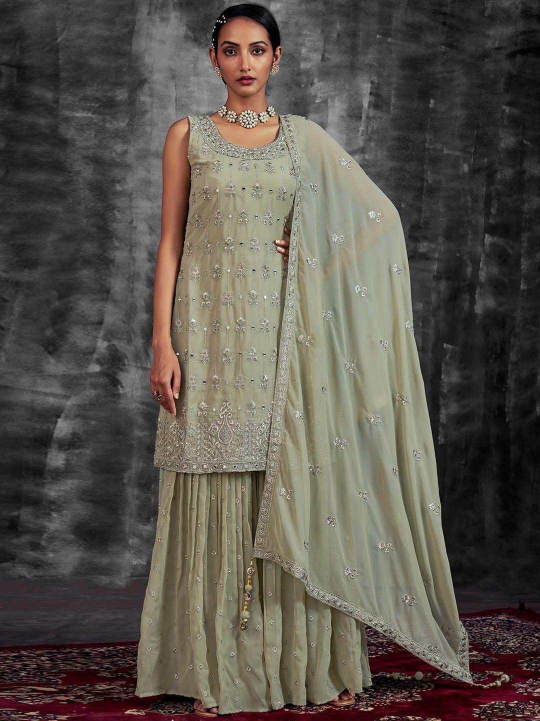 fusionic floral embroidered kurta with sharara & dupatta