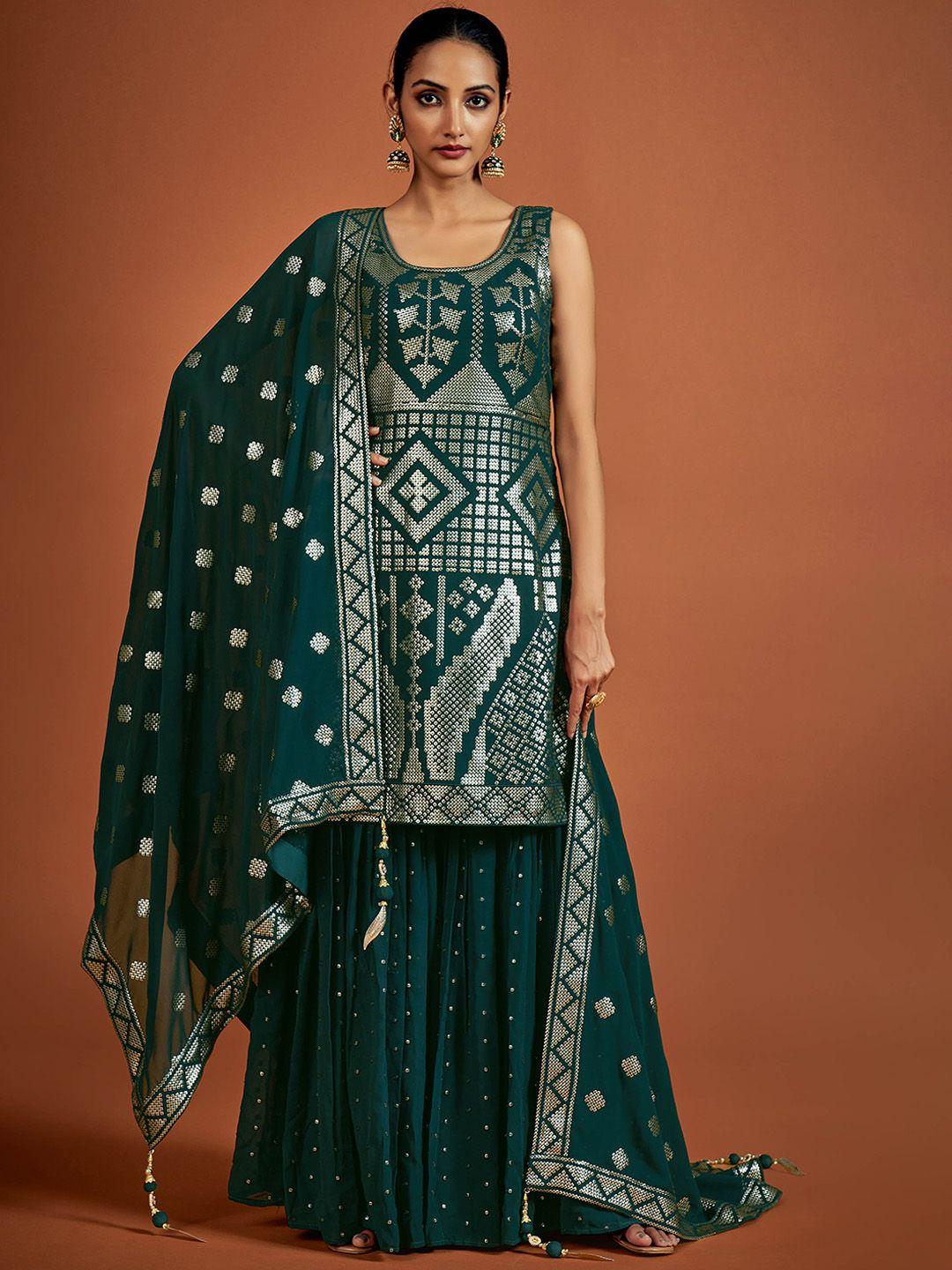 fusionic sequined georgette kurta with sharara & dupatta