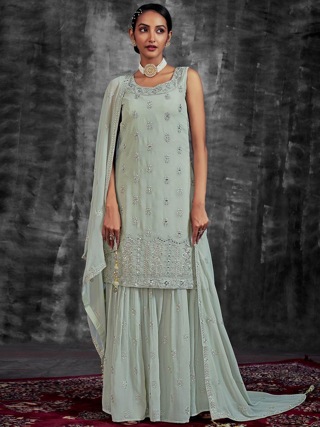 fusionic ethnic motifs embroidered mirror work kurti with sharara & dupatta