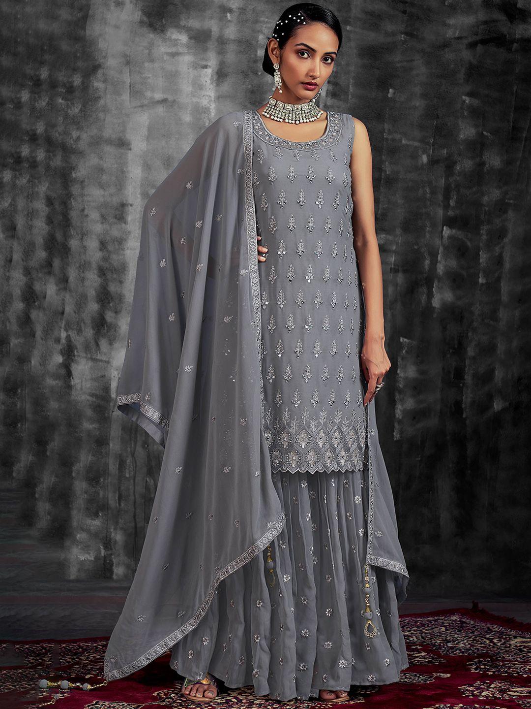 fusionic ethnic motifs embroidered mirror work kurti with sharara & dupatta