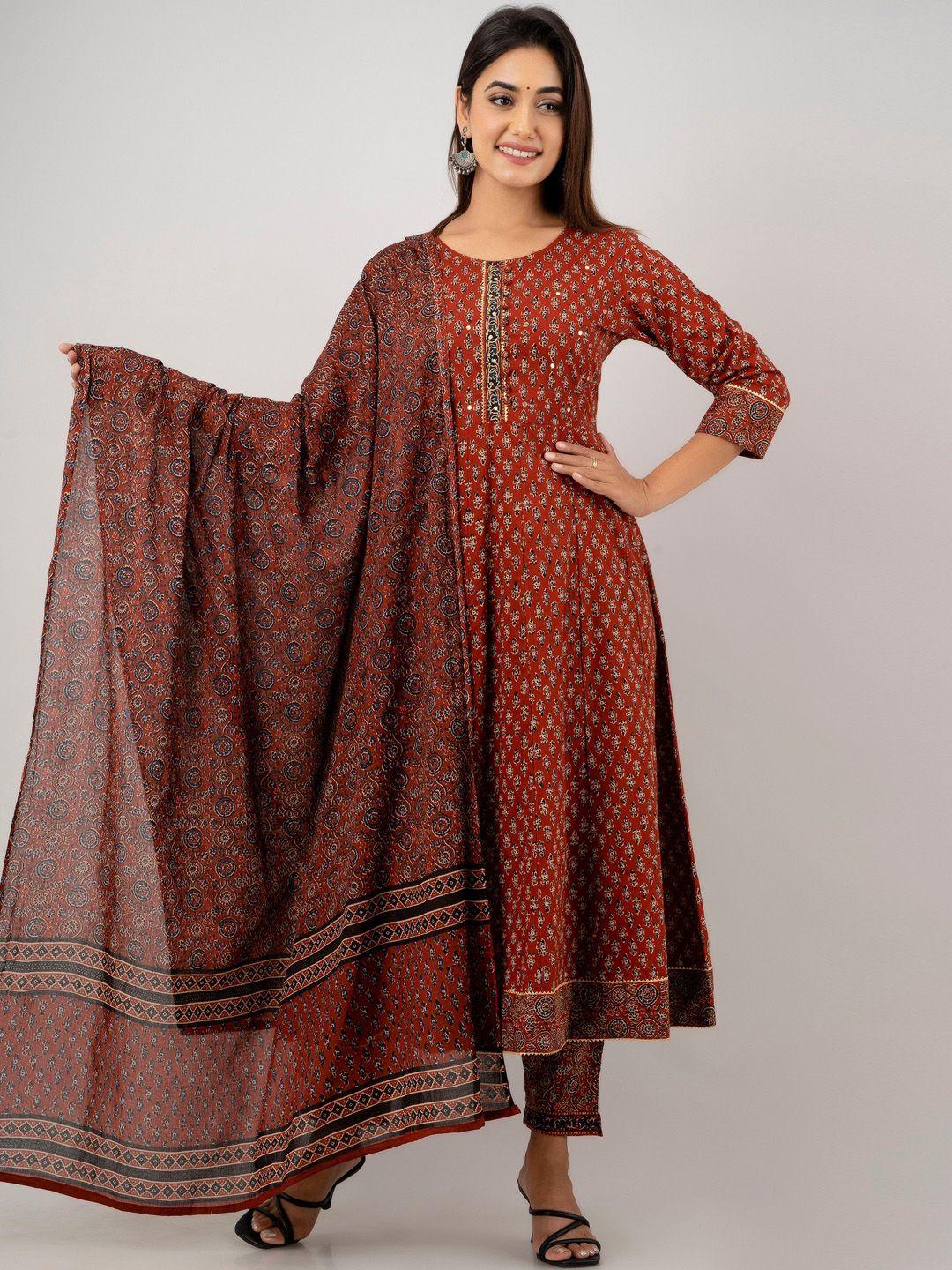 readiprint fashions printed mirror work pure cotton anarkali kurta with trousers & dupatta