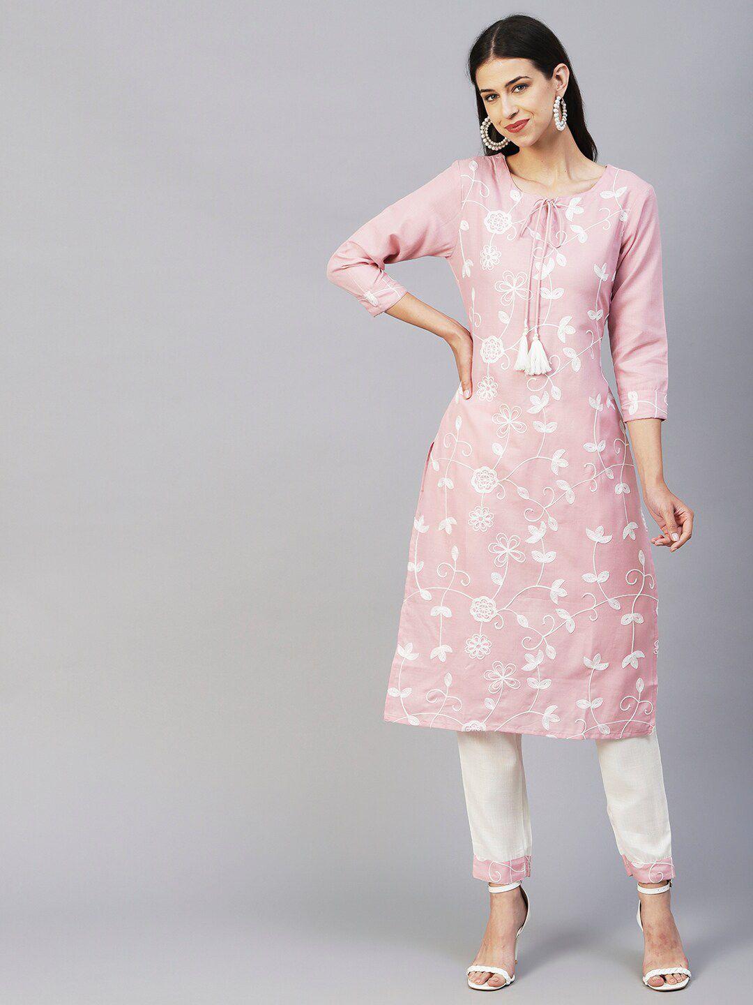 fashor women pink floral embroidered regular thread work linen kurta with trousers