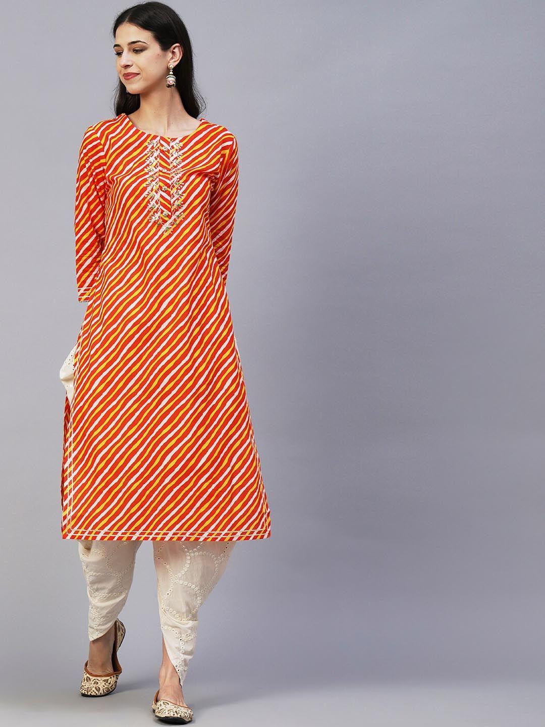 fashor orange leheriya printed thread work cotton kurta