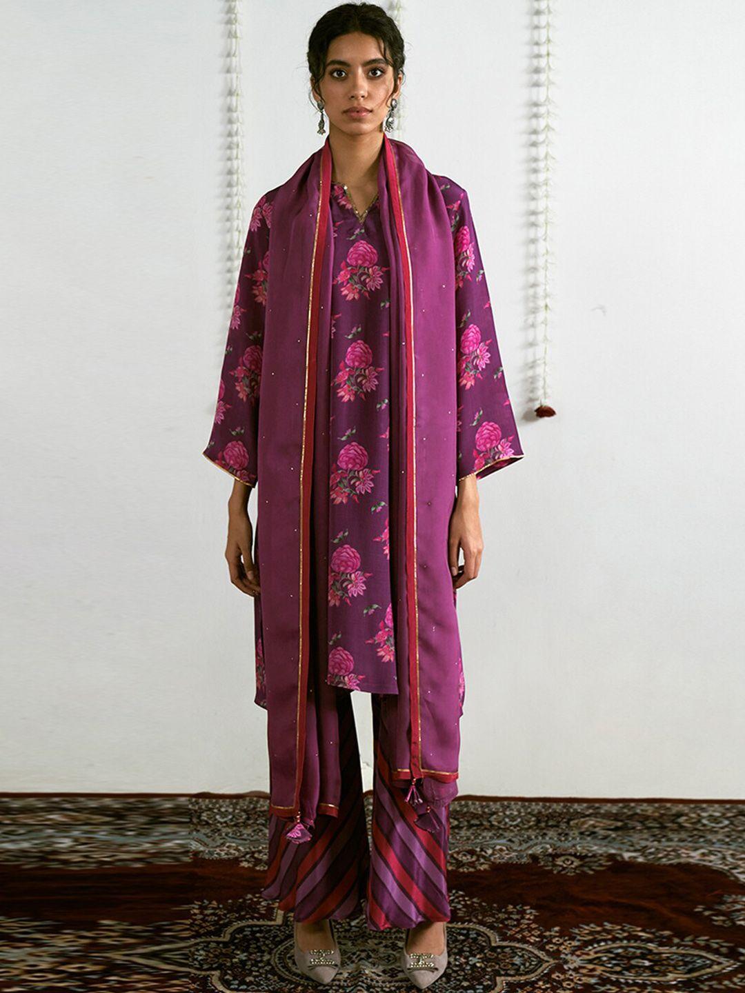 ganga floral printed sequined kurta with palazzos & dupatta