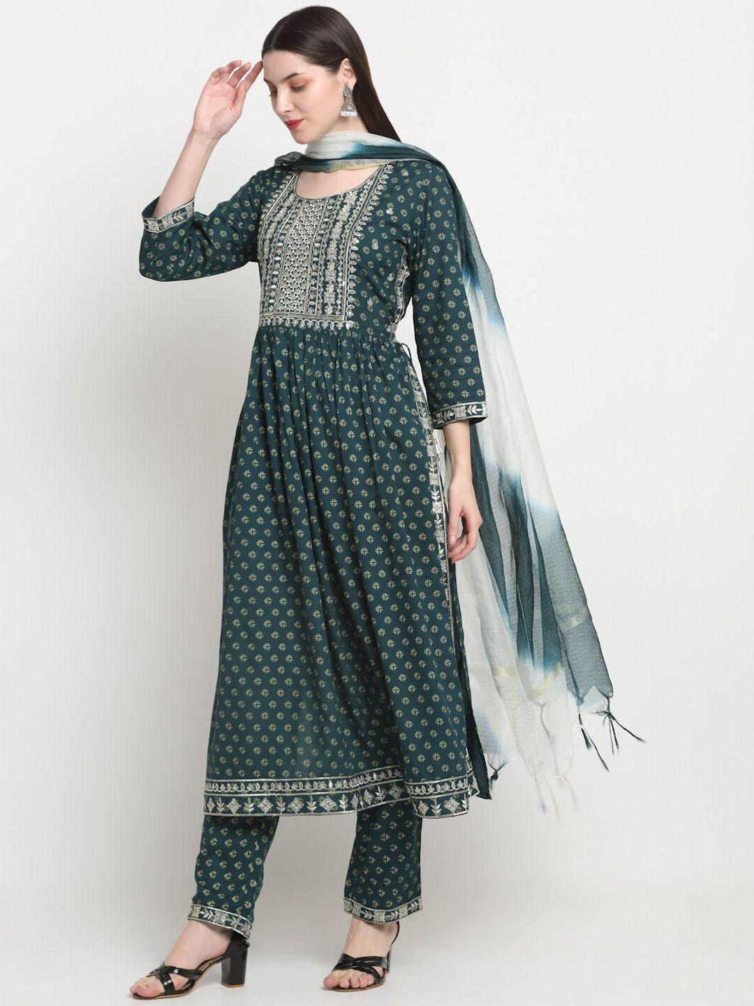 kalini ethnic motifs printed thread work high slit a-line kurta with trousers & dupatta