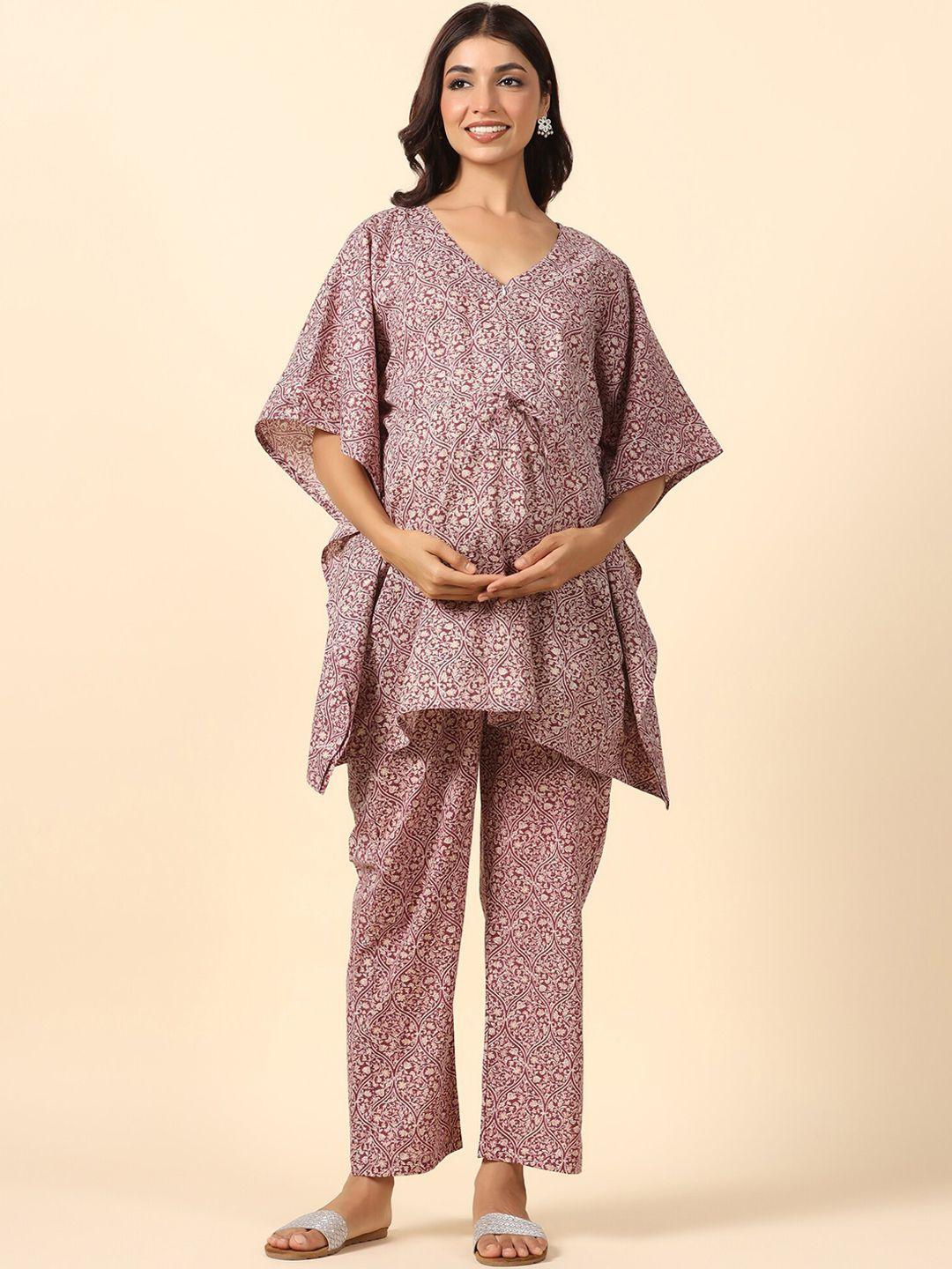 ikk kudi by seerat maternity floral printed kaftan pure cotton kurta with trousers