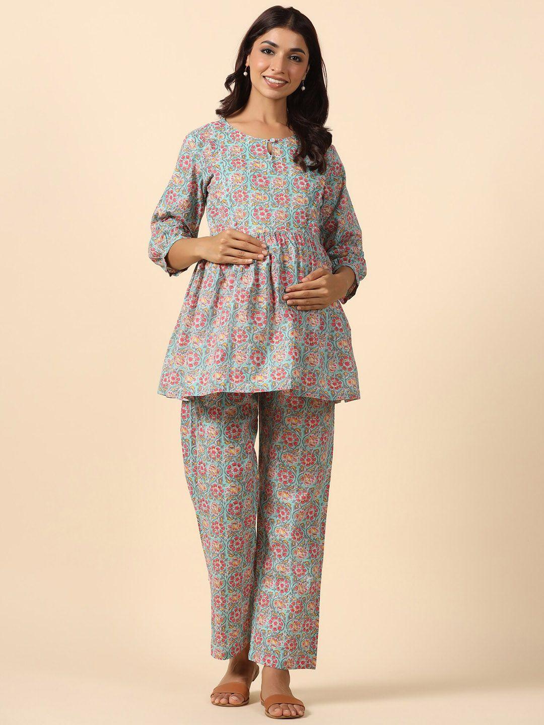 ikk kudi by seerat floral printed regular pure cotton maternity kurti with trousers