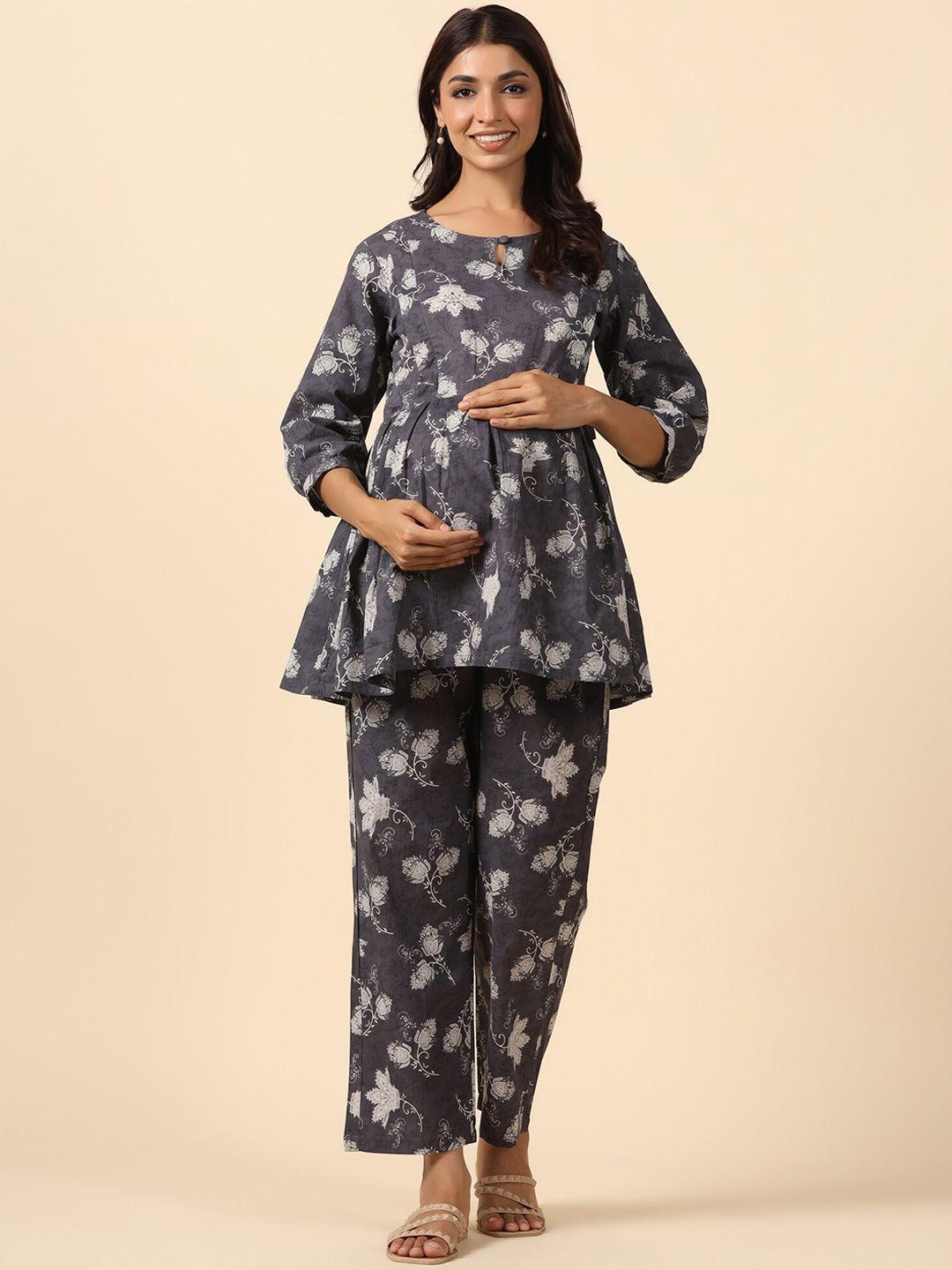 ikk kudi by seerat floral printed pure cotton maternity kurta with trousers