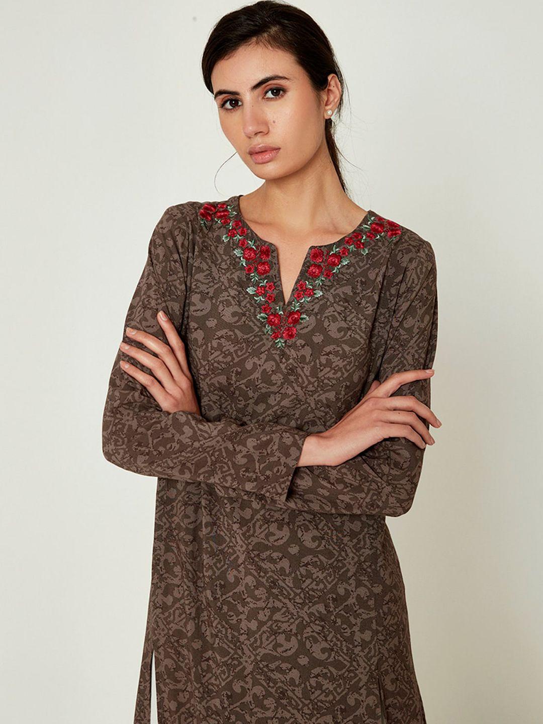 ancestry ethnic motifs printed notched neck thread work kurta