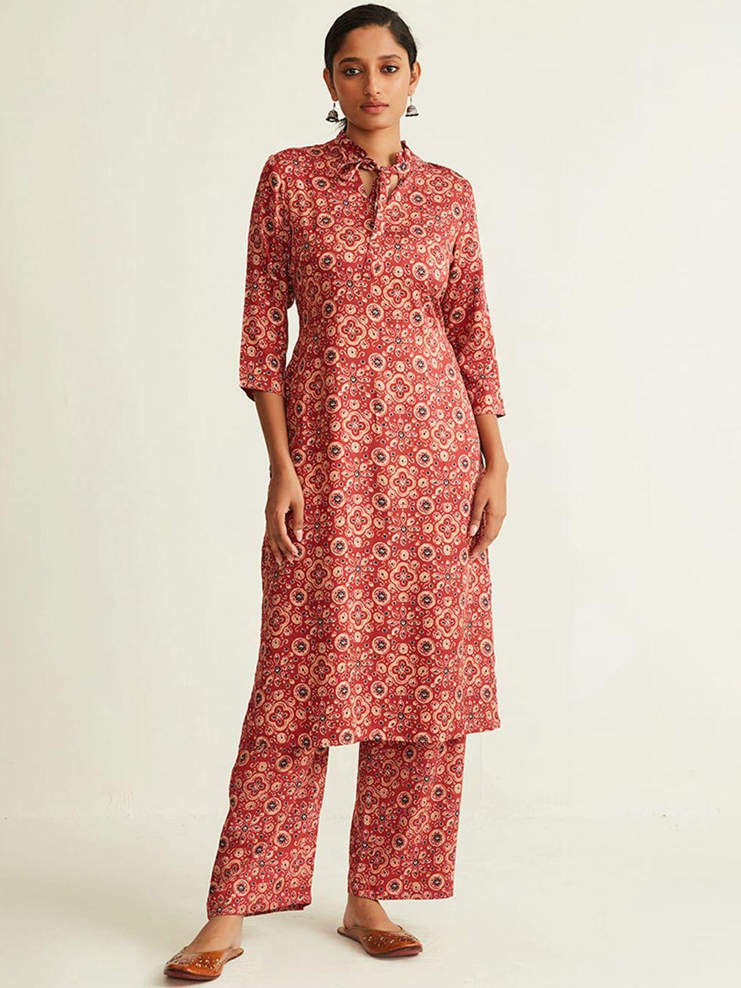 ancestry floral printed tie up neck kurta