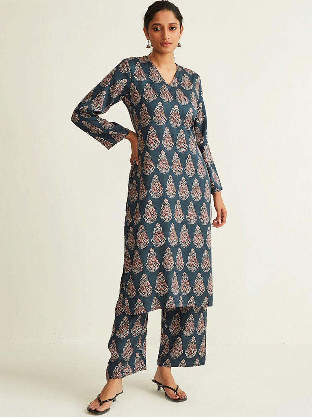 ancestry ethnic motifs printed v-neck kurta