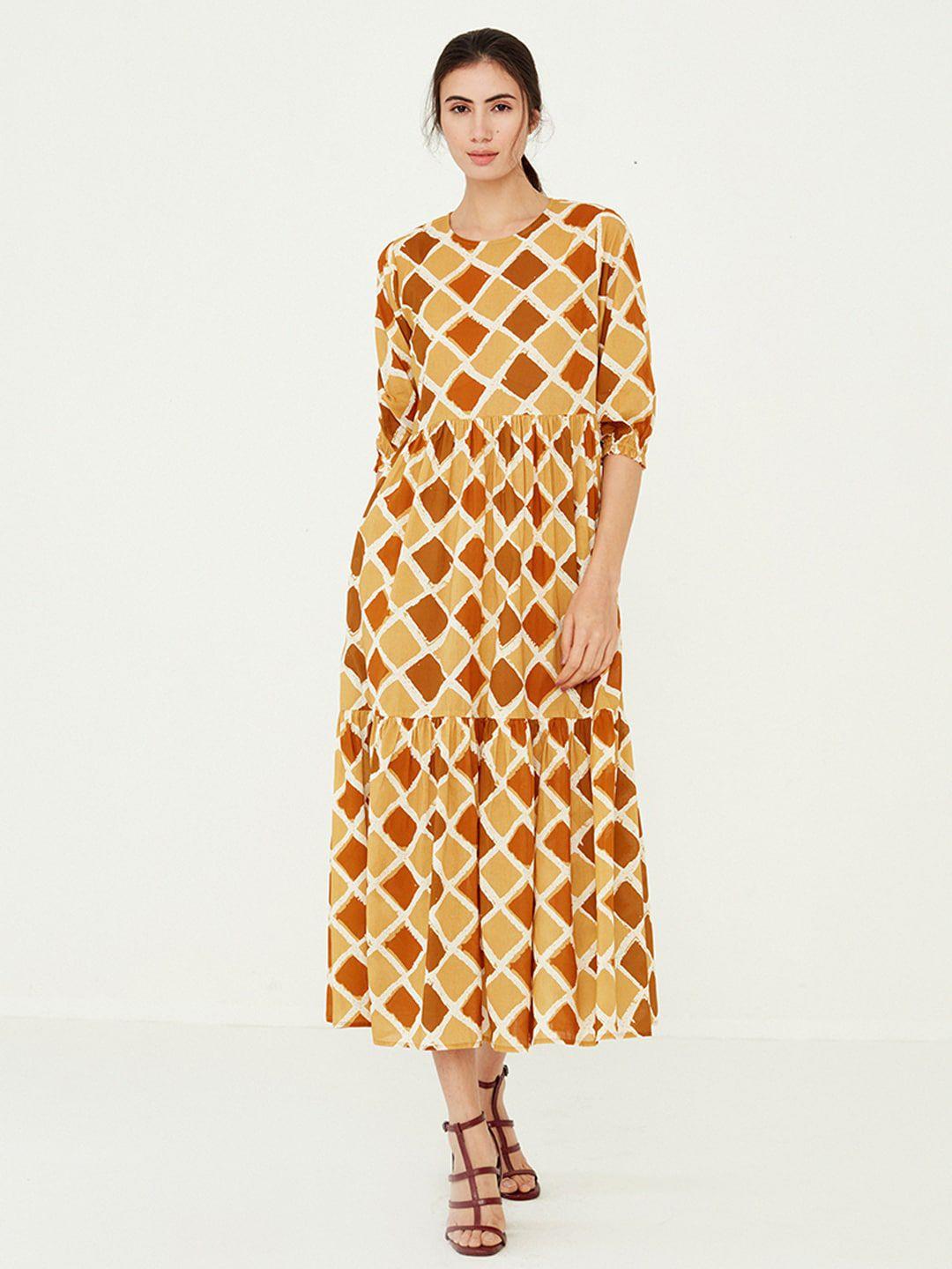 ancestry brown print fit & flare midi dress