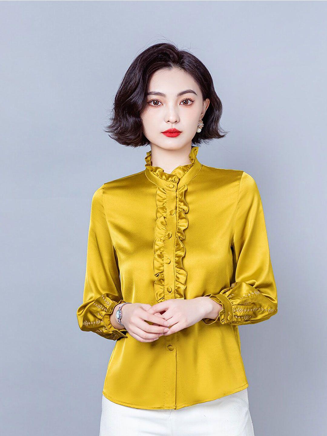 jc collection mandarin collar ruffled regular shirt