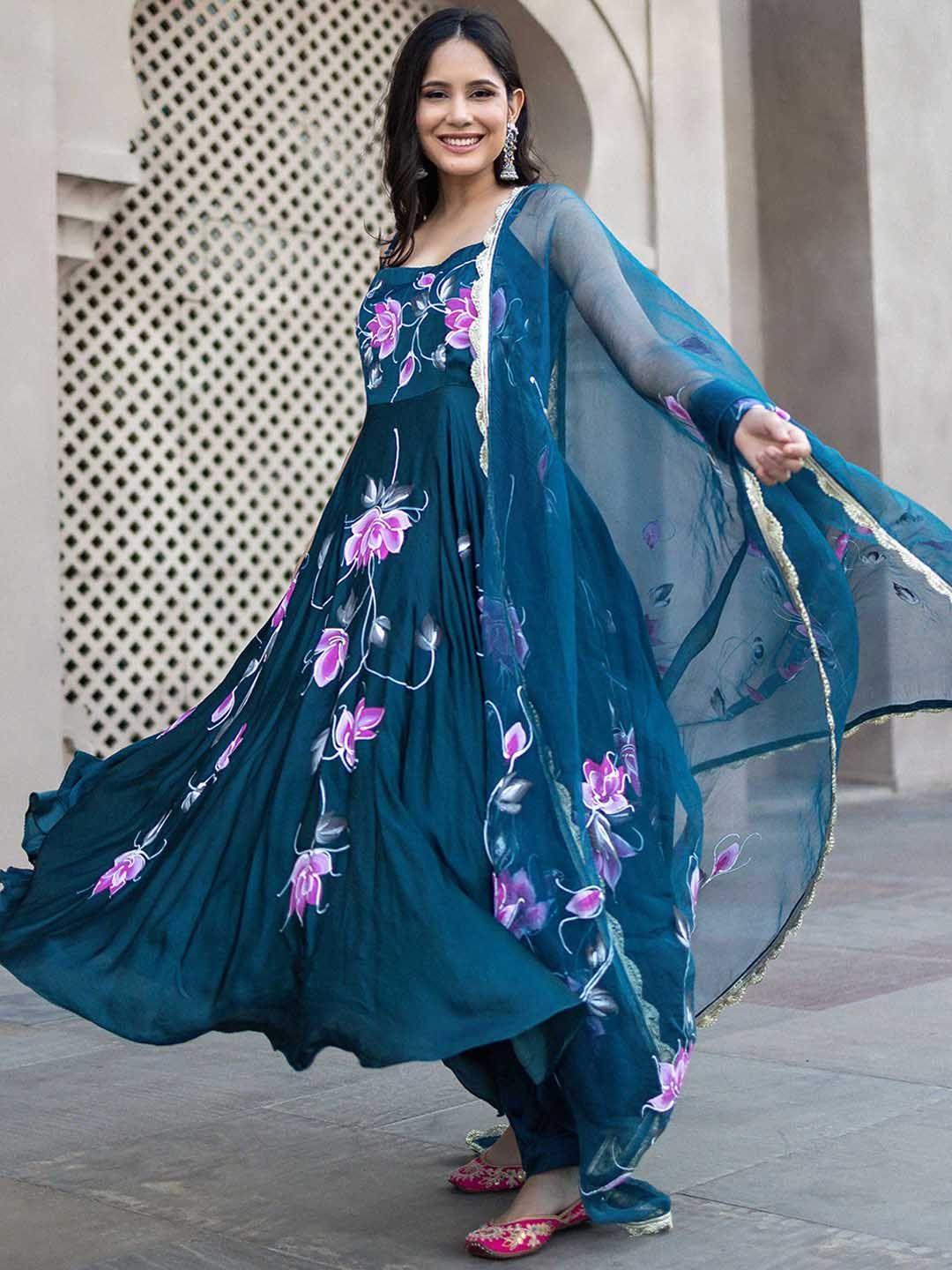 aachho floral printed anarkali organza kurta with churidar & dupatta