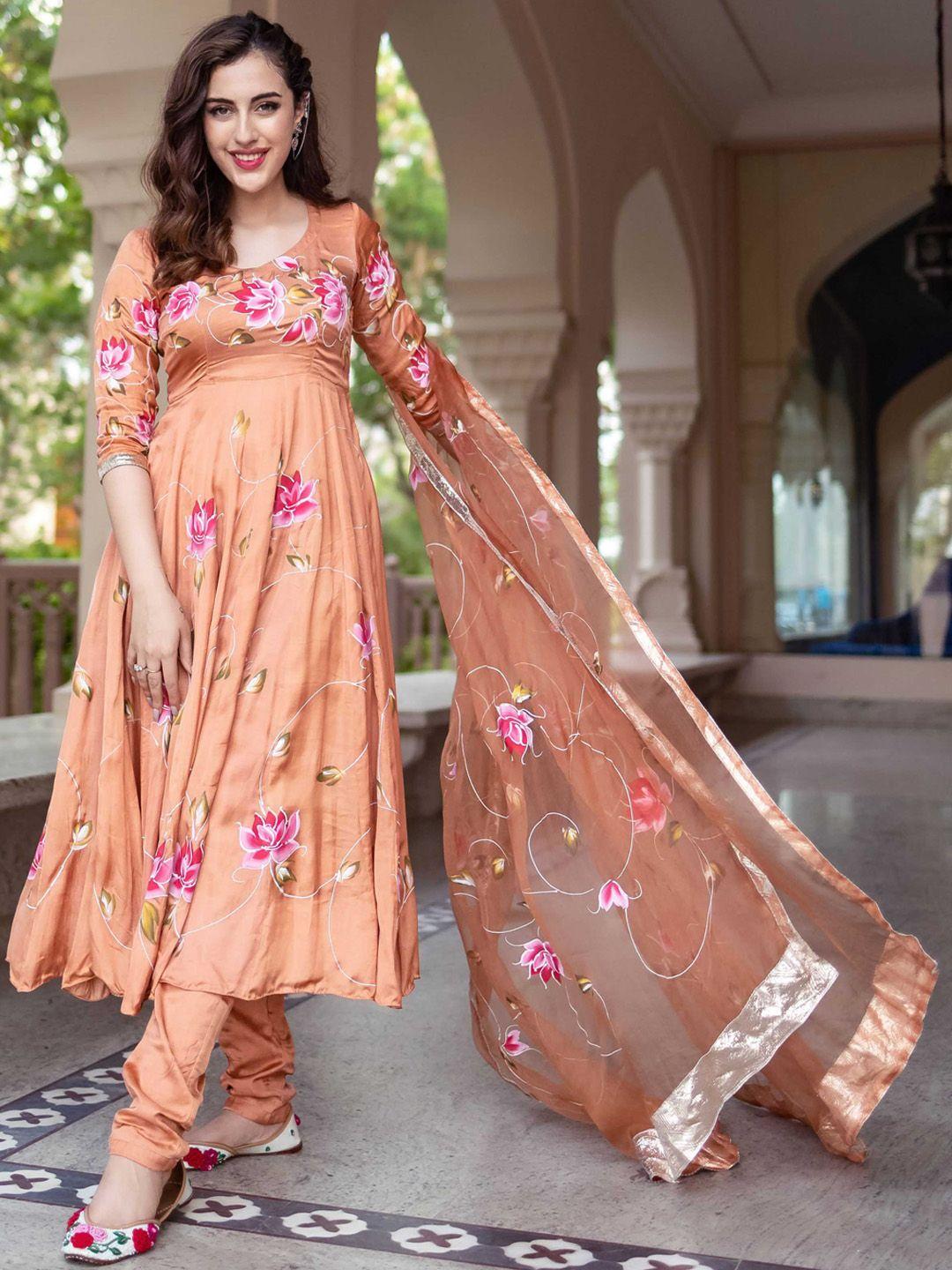 aachho floral printed anarkali satin kurta with trousers & dupatta