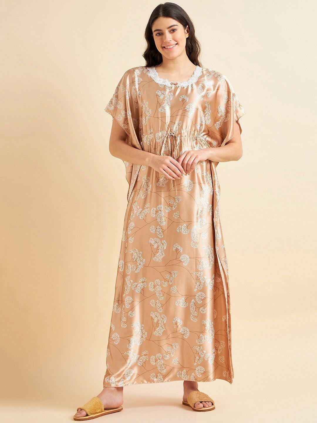 sweet dreams beige floral printed satin kaftan maxi nightdress