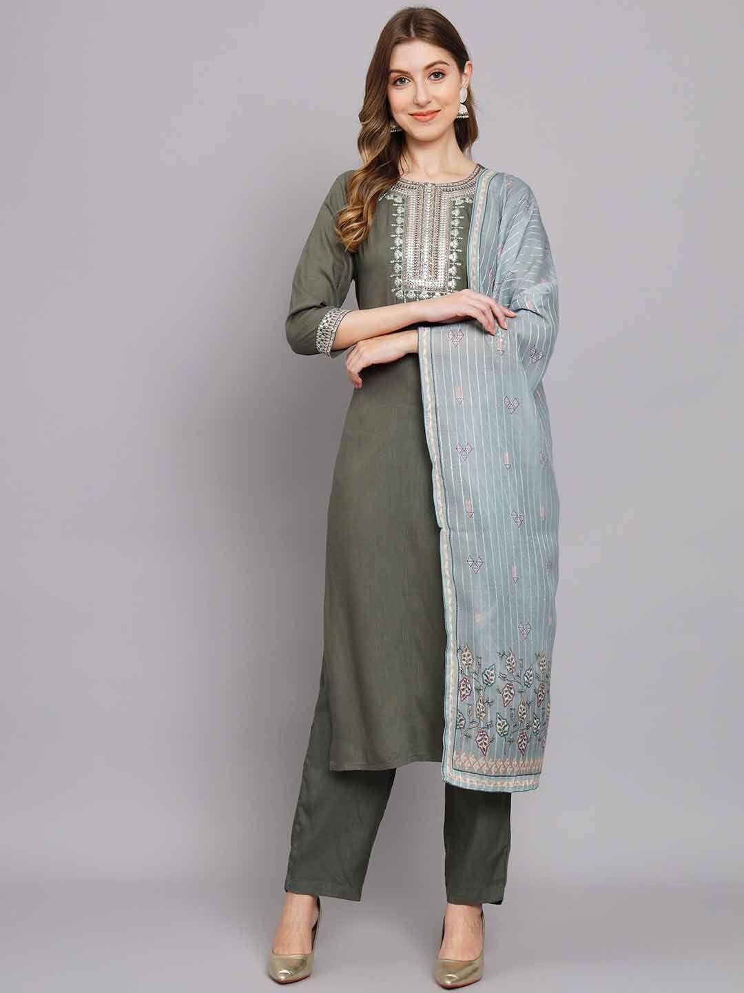 kalini ethnic motif yoke design thread work kurta with trousers & dupatta