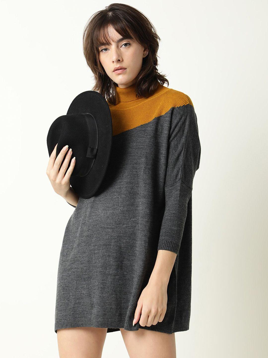 rareism women grey & mustard colourblocked pullover