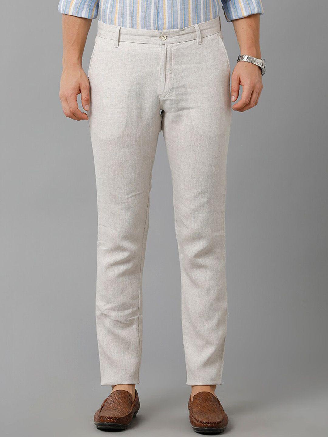 linen club men slim fit mid-rise pure linen trousers