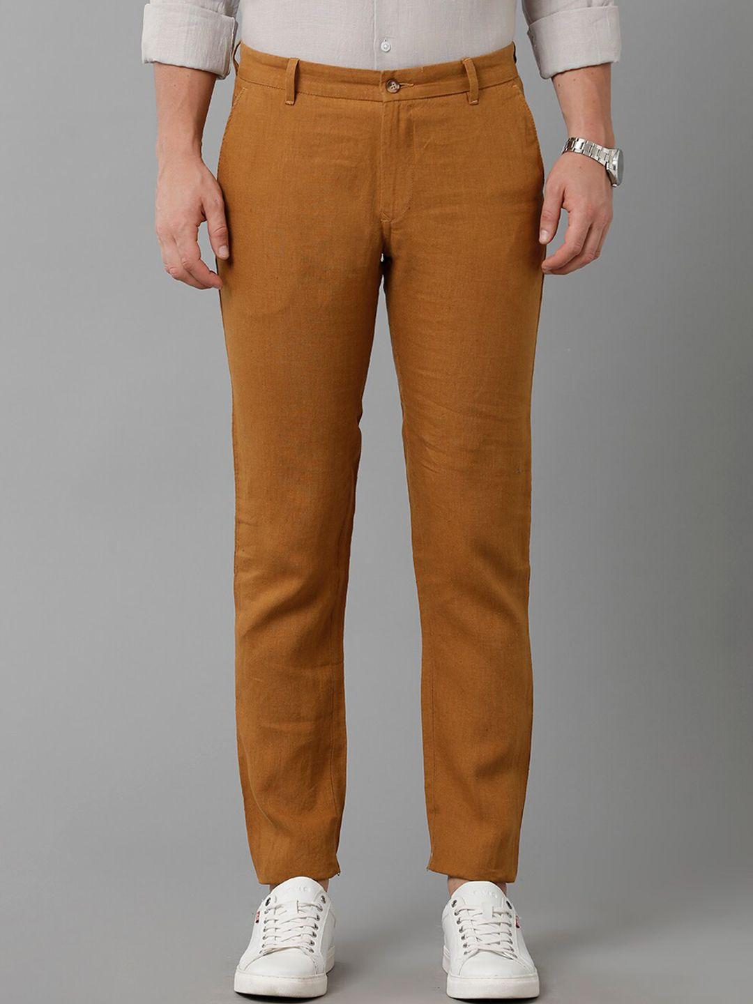 linen club men slim fit mid-rise pure linen trousers