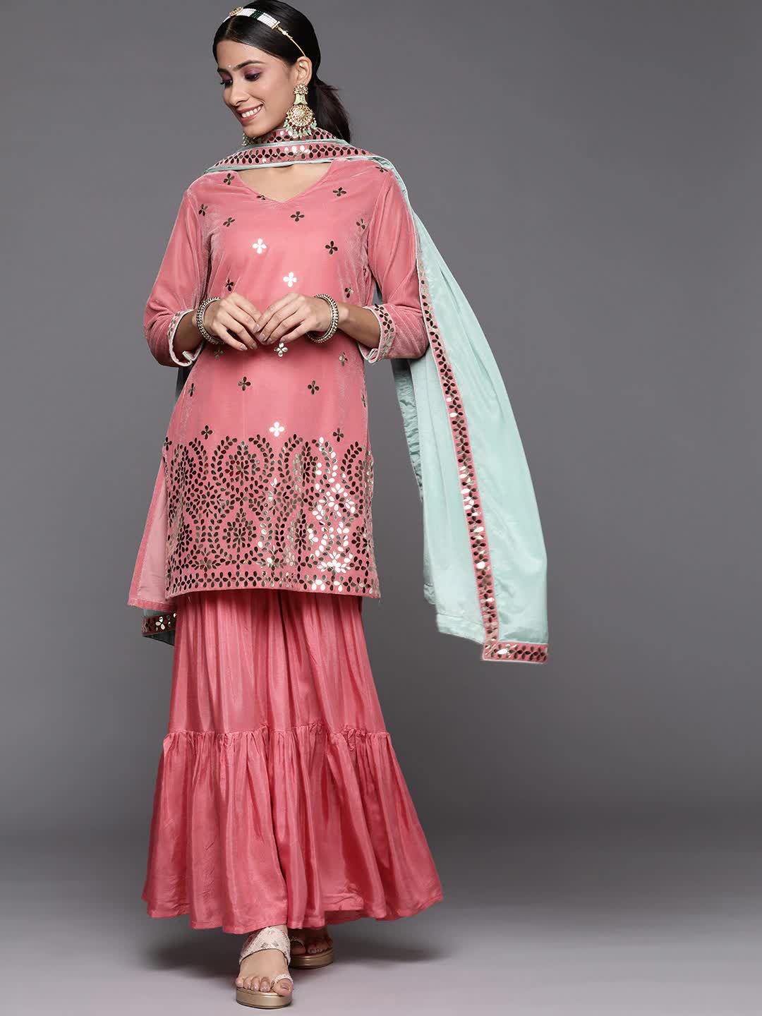 inddus peach-coloured embroidered mirror work velvet kurta with sharara & dupatta