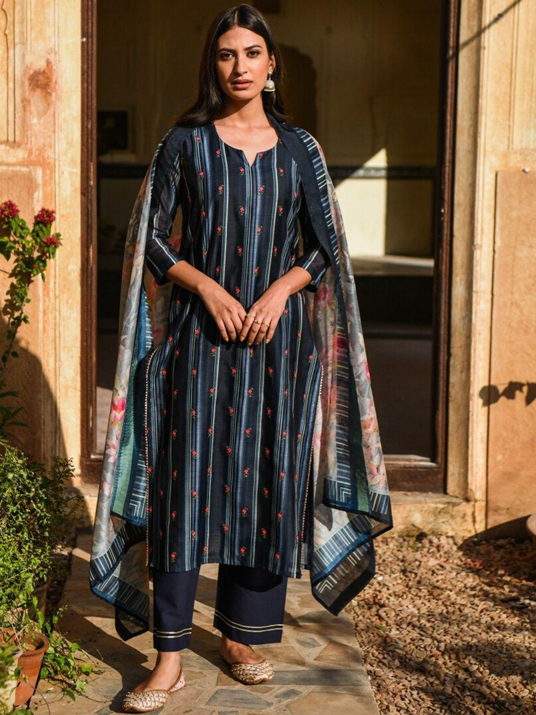 karaj jaipur striped thread work kurta with trousers & dupatta