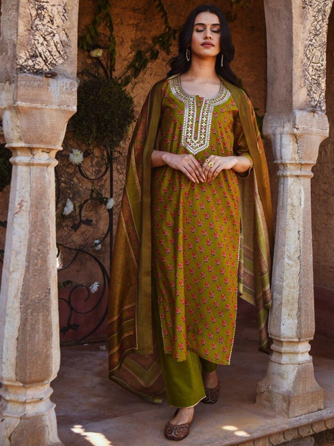 karaj jaipur floral printed gotta patti kurta with trousers & dupatta