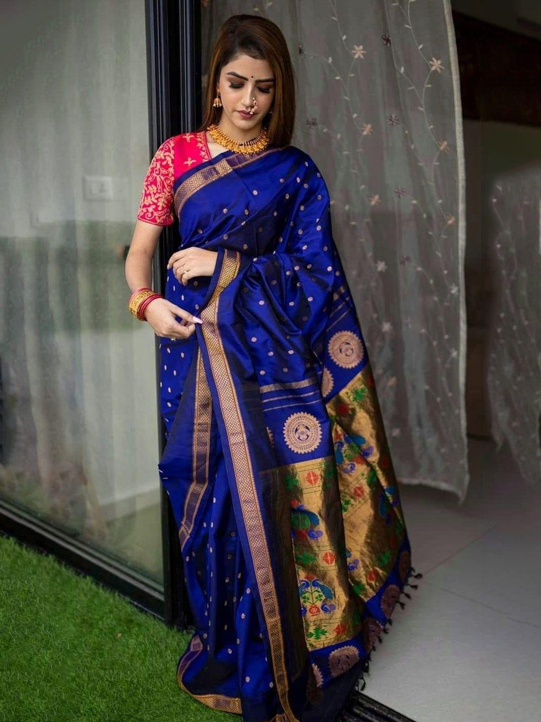 fab viva navy blue & navy blue ethnic motifs zari pure silk designer banarasi saree