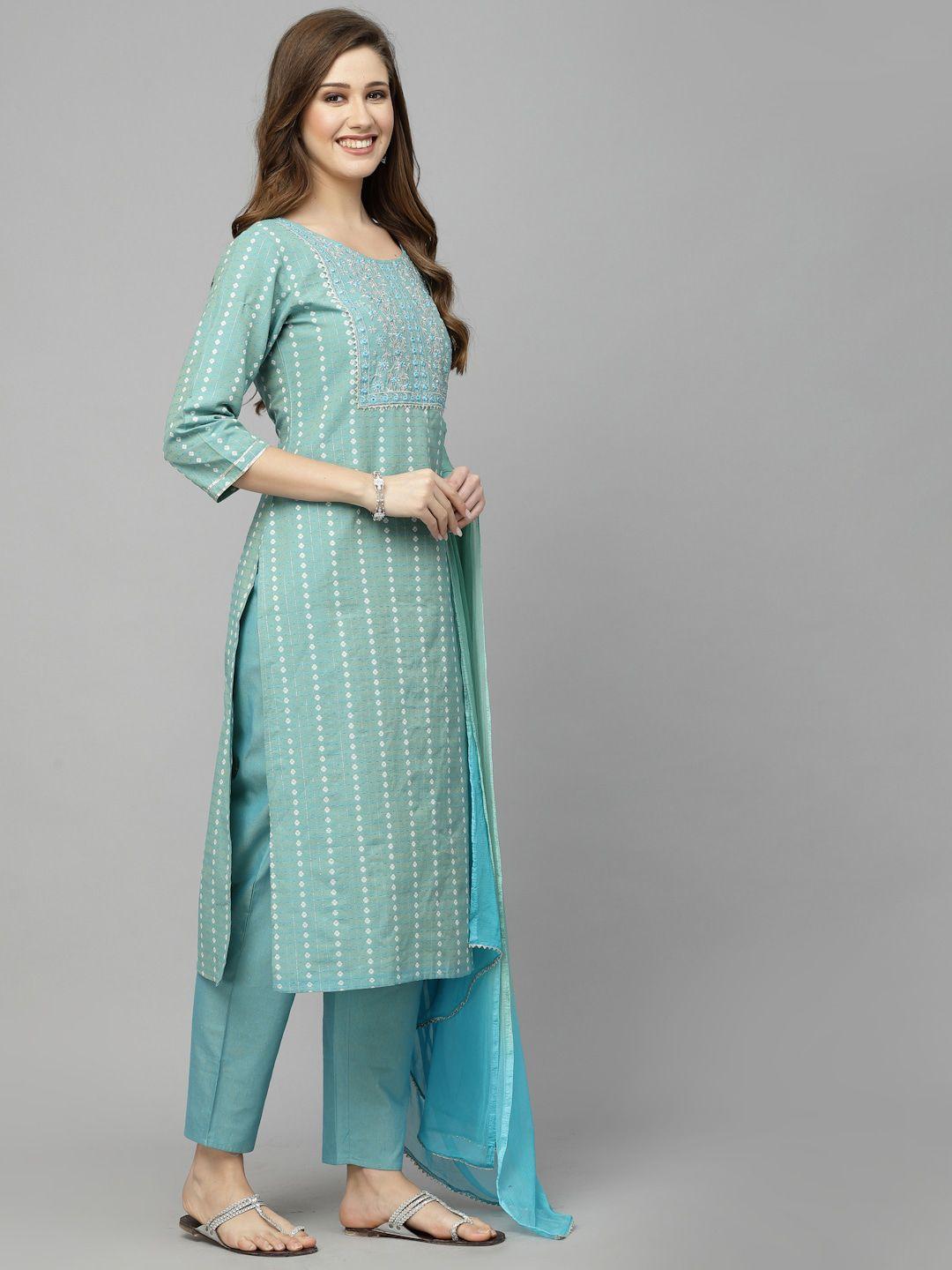 stylum sea green & white woven design mirror work kurta with trousers & dupatta