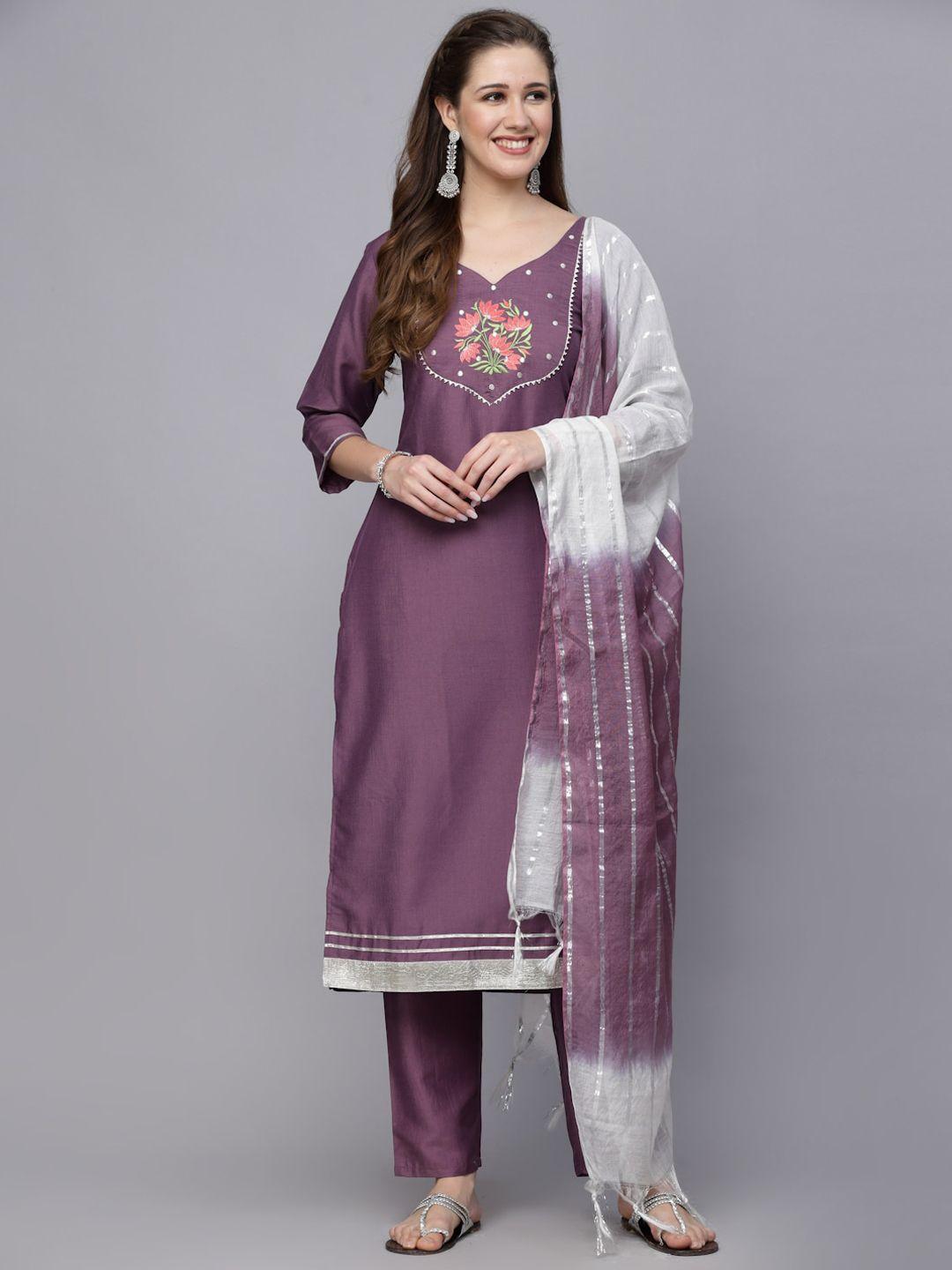 stylum mauve & white floral yoke design thread work kurta with trousers & dupatta