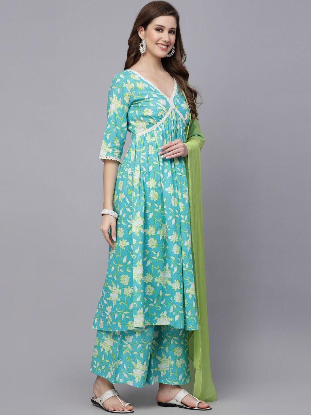 stylum turquoise blue floral printed empire pure cotton kurta with palazzos & dupatta