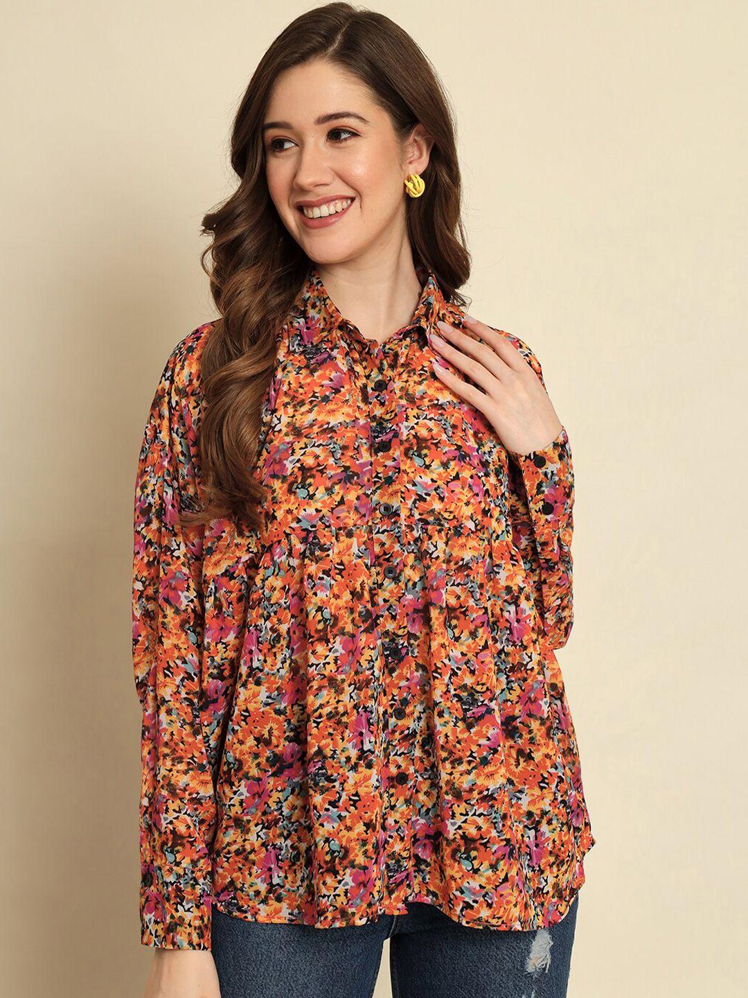 trend arrest floral printed cuffed sleeves gathered shirt style top