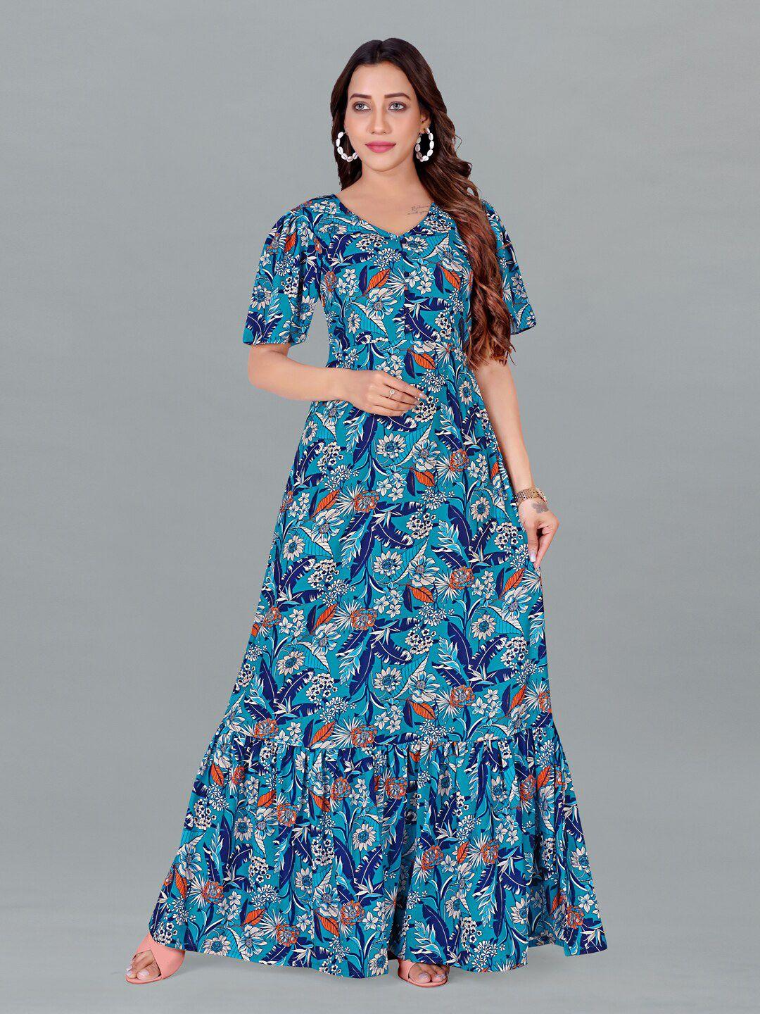 fashion dream floral print flared sleeve ruffled crepe maxi dress