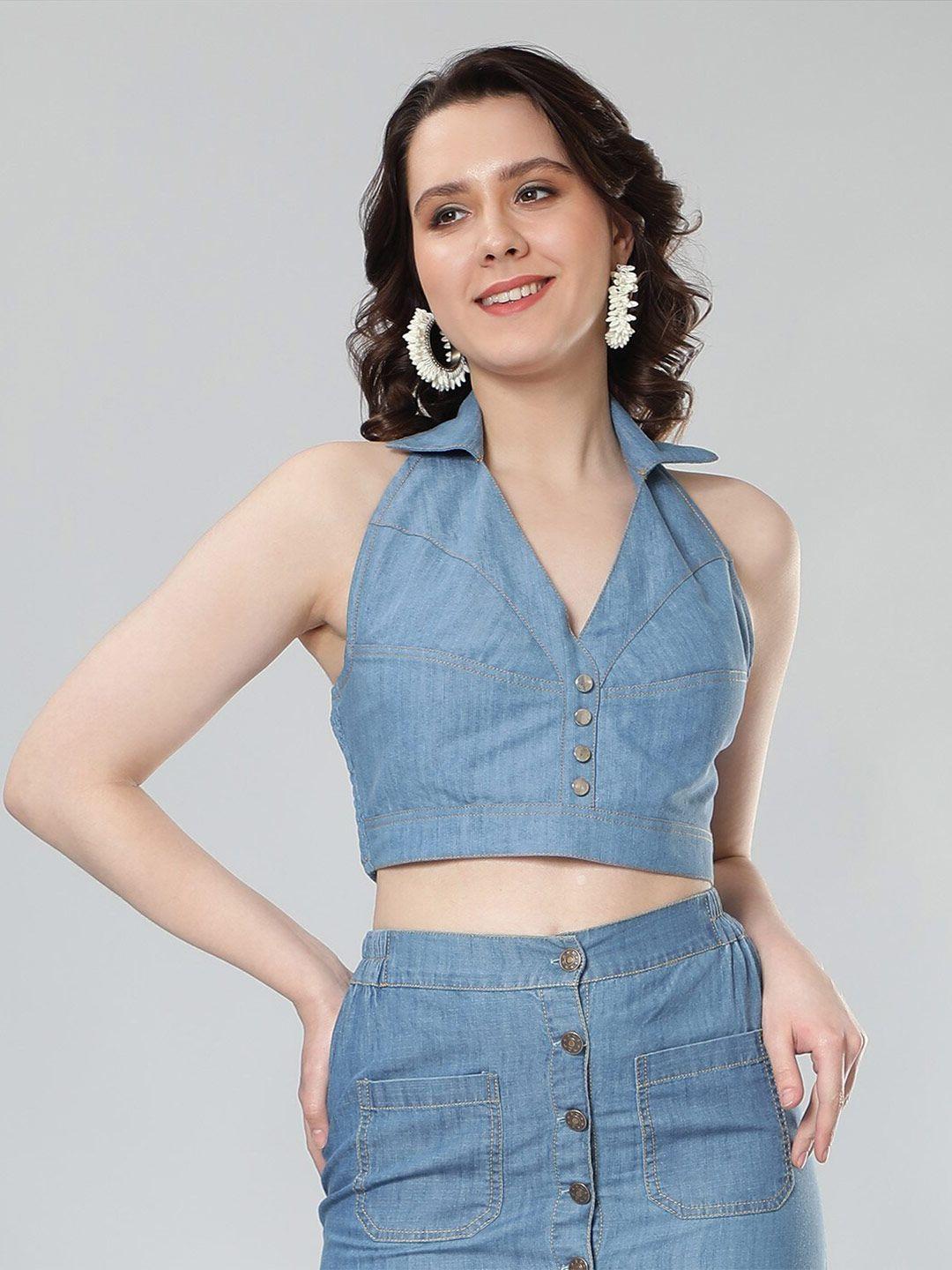 nuevosdamas halter neck denim fitted crop top