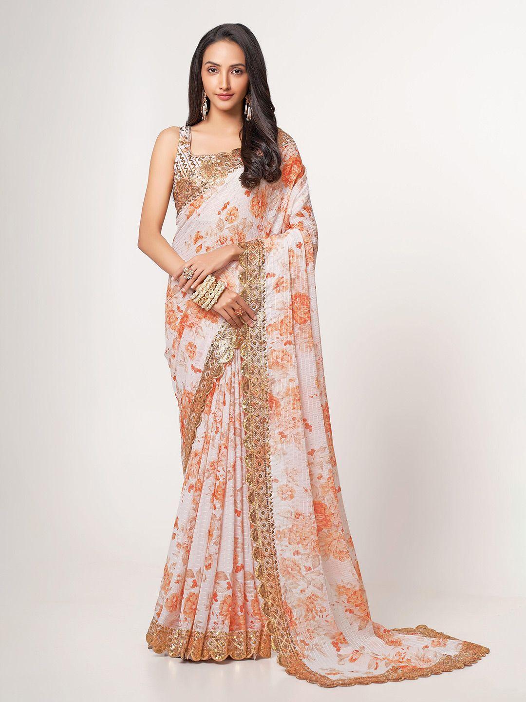 fabpixel white & gold-toned floral sequinned organza leheriya saree