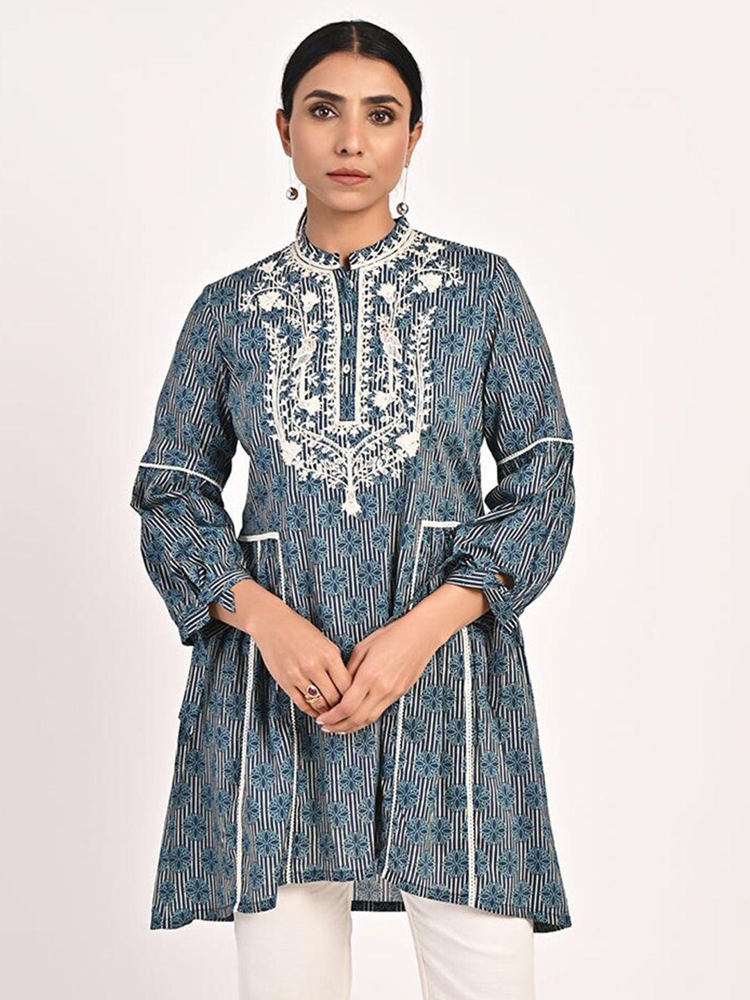 lakshita floral printed mandarin collar with embroidered pure cotton tunic