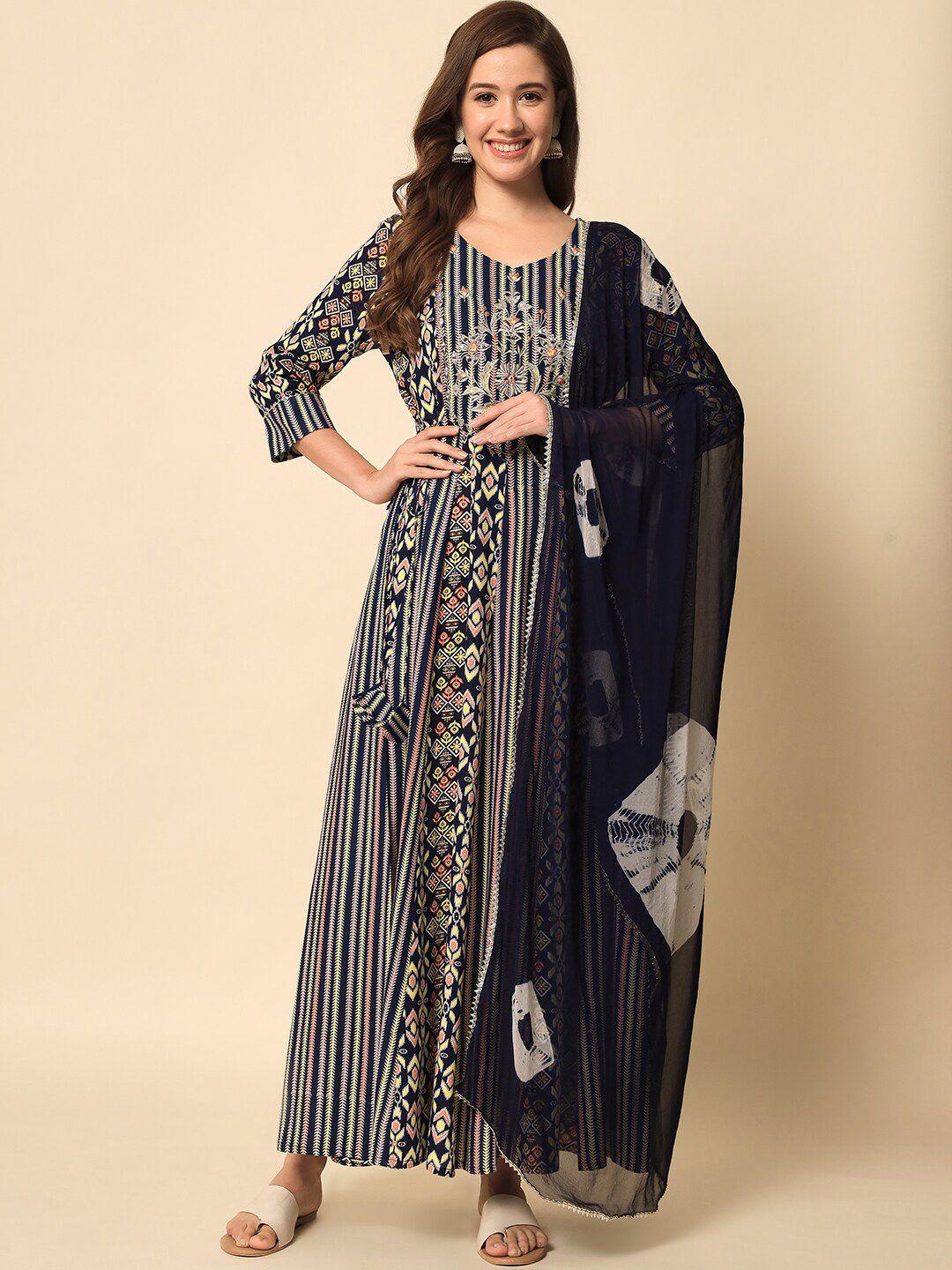 meeranshi ethnic motif printed mirror work a-line kurta with trousers & dupatta