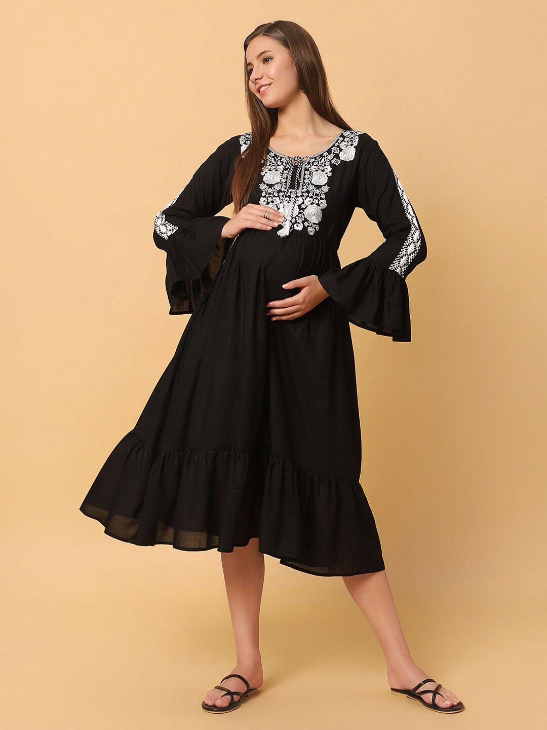 aanyor tie-up neck bell sleeve maternity fit & flare midi dress