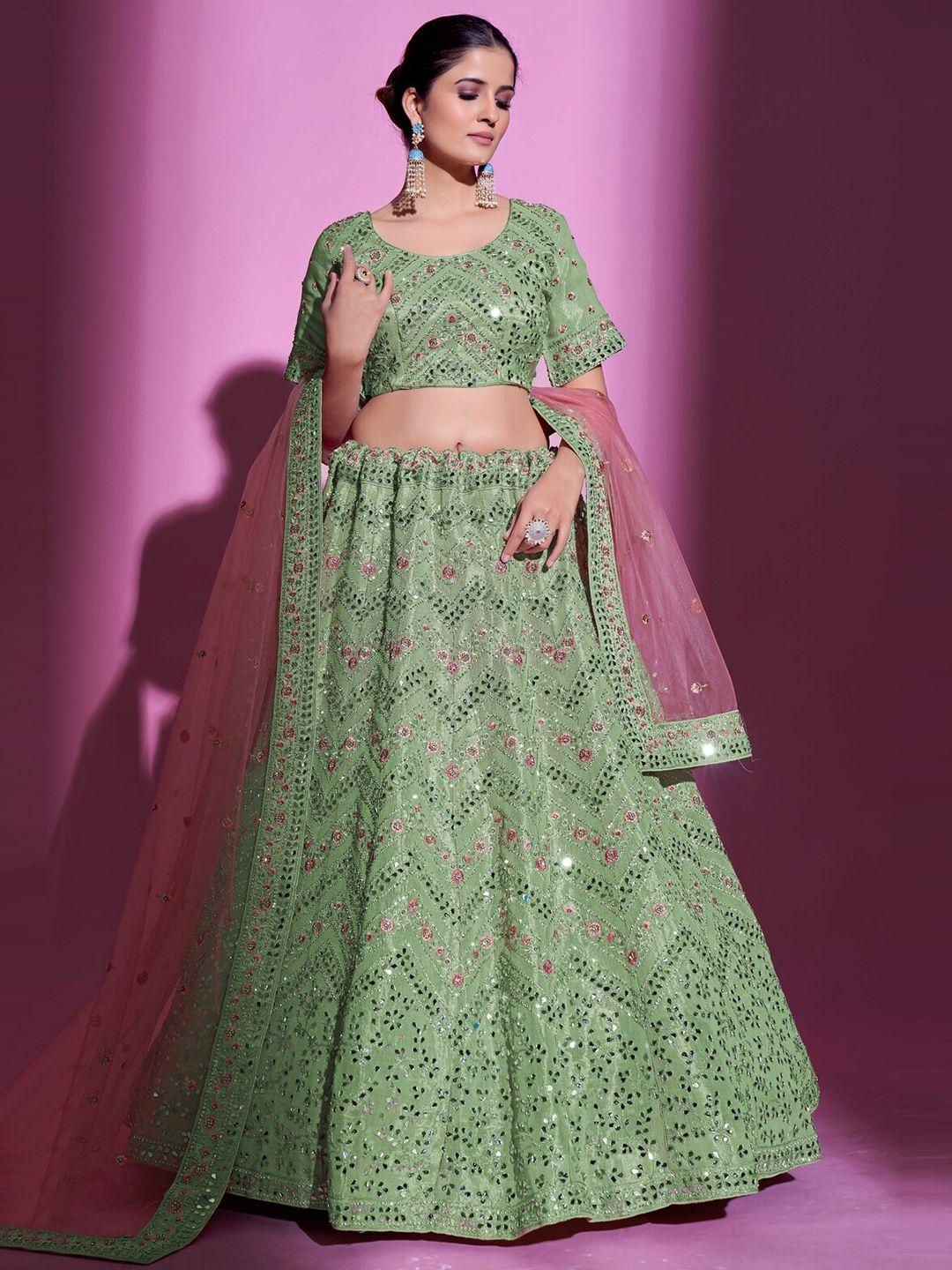 fusionic embellished mirror work semi-stitched lehenga & unstitched blouse with dupatta