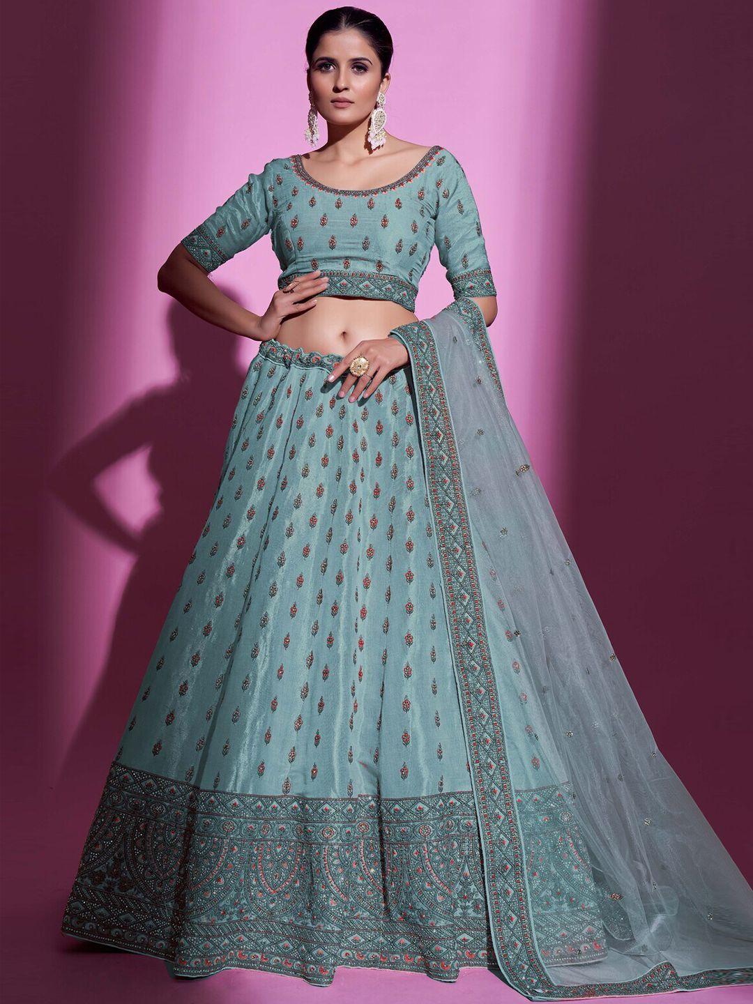 fusionic embellished thread work semi-stitched lehenga & unstitched blouse with dupatta