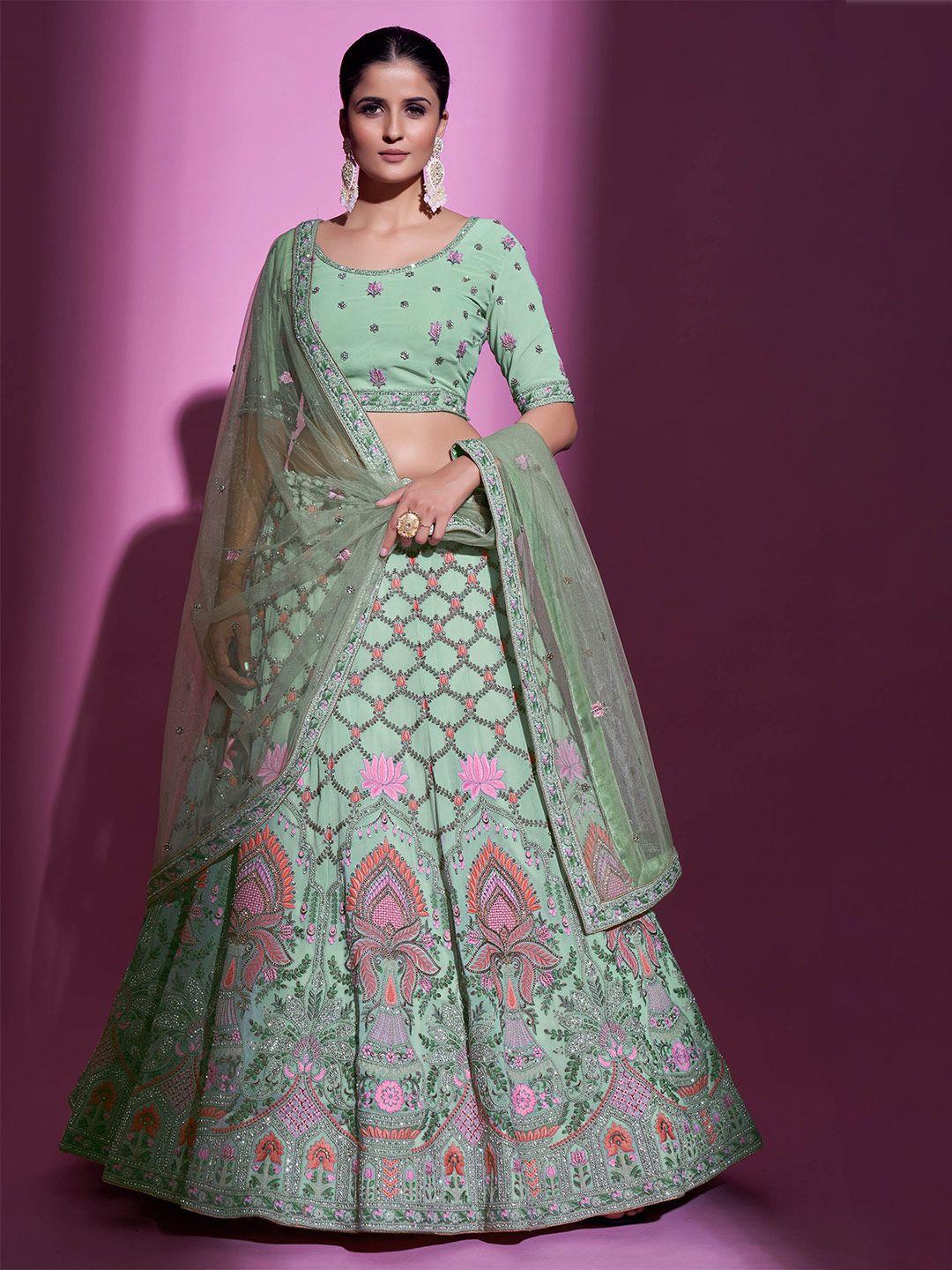 fusionic embellished thread work semi-stitched lehenga & unstitched blouse with dupatta