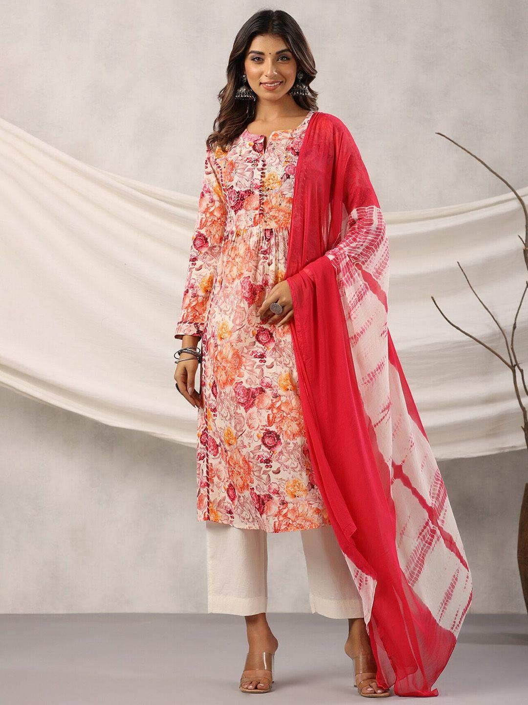 etnicawear floral printed beads detail panelled pure cotton kurta with trousers & dupatta